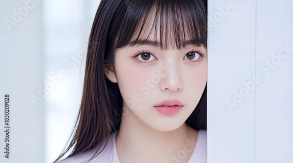 Fototapeta 物陰からこちらを見つめる黒髪ぱっつん前髪の女性