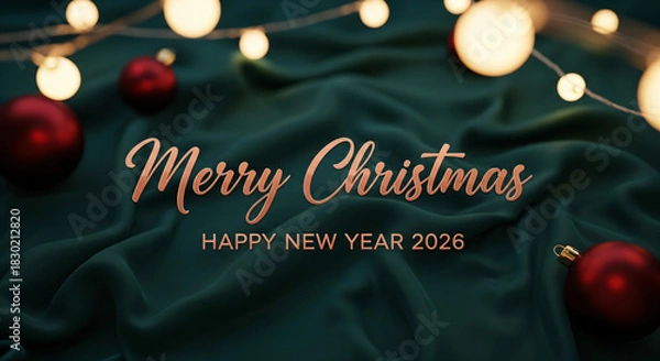 Fototapeta Merry christmas and happy new year 2026 with festive lights and ornaments