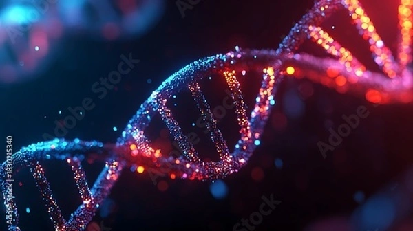 Fototapeta Abstract glowing dna helix with vibrant blue and red light particles