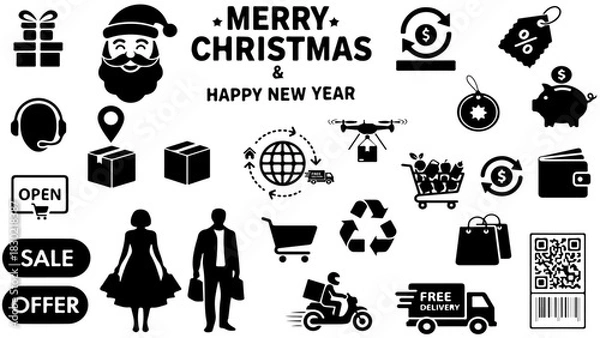 Obraz silhouette e-commerce Christmas new year vector holiday shopping icons online market festive sale graphic design pack.
