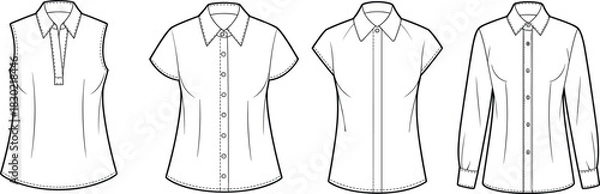 Fototapeta Women’s blouse fashion sketch, sleeve and collar variation, front view flat template, cad drawing flat vector illustration design