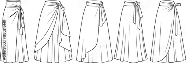 Obraz Long skirt fashion sketch, wrap drape design, high waist silhouette, garment flat template, cad drawing flat vector illustration