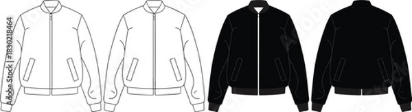 Fototapeta Bomber jacket technical sketch, fashion flat template, front view CAD drawing, vector outline and silhouette, apparel design illustration, cad drawing flat vector
