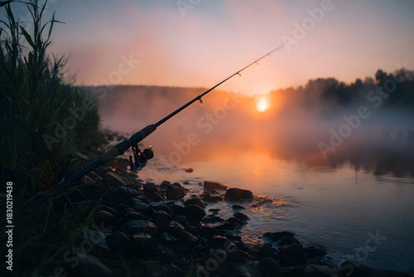 Obraz A fishing rod against the backdrop of a foggy river bank at dawn