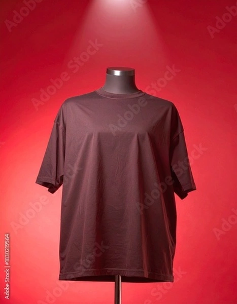 Fototapeta Simple Brown Tee Mockup Displayed on Mannequin Against Red Background
