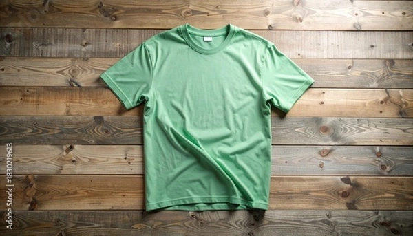 Fototapeta Light Green T-Shirt on Rustic Wooden Surface, Apparel Flat Lay Mockup