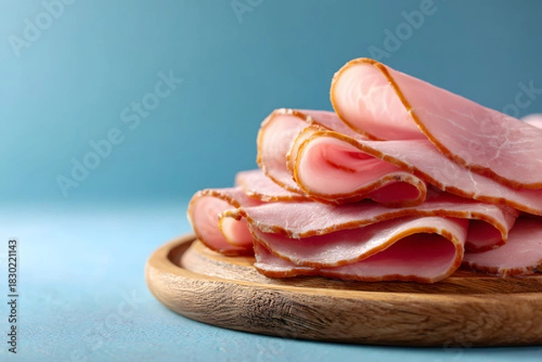 Obraz Thinly sliced ​​ham on a round wooden board on a blue background