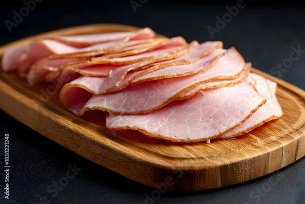 Obraz Sliced ​​ham on a wooden board on a black background