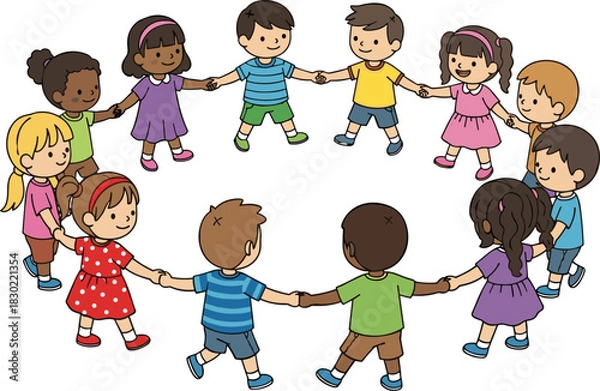 Fototapeta Group of happy diverse children holding hands in a circle playing games together cad drawing flat vector illustration