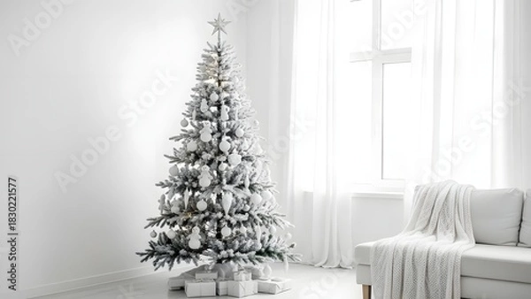 Obraz Elegant Christmas tree stands tall in bright white living room, creating a serene, modern holiday scene perfect for festive designs and seasonal promotions