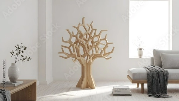 Obraz Stunning minimalist living room interior with artistic wooden tree sculpture lending warmth to this calm, bright, and elegantly decorated home space