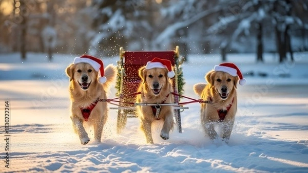 Obraz Golden Retrievers joyfully pulling Santa's sleigh through snowy winter wonderland with Santa hats, spreading holiday cheer and festive fun for Christmas
