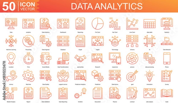 Obraz Data Analytics icon collection set. Containing Data, analytics, Dashboard, Reporting, Pie Chart, Bar Chart icon