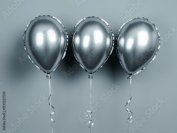 Obraz Three Silver Balloons with Ribbons on a Subtle Gray Background