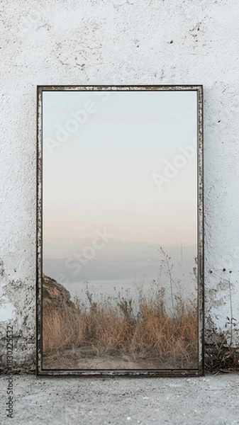 Obraz Rustic Mirror Reflecting Natural Landscape with Dry Grass and Sky
