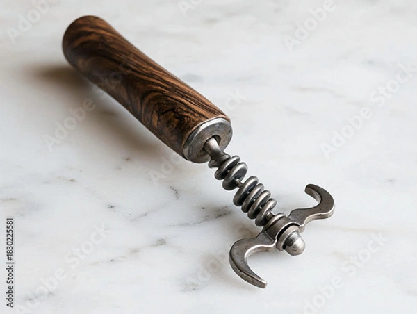 Obraz Vintage Corkscrew Tool with Wooden Handle and Metal Spiral Design
