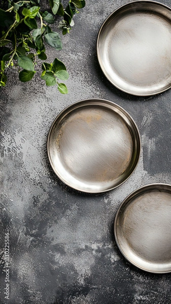 Obraz Elegant Silver Plates on Textured Gray Surface with Greenery