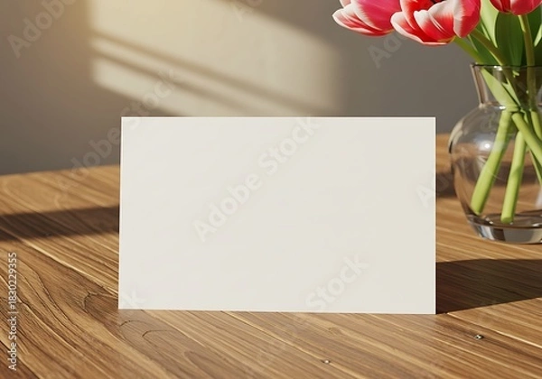 Fototapeta Sunlit Notecard Mockup: Tulips & Warm Wood