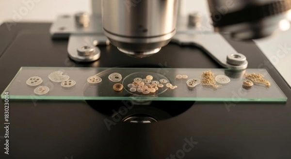 Fototapeta Microscope Slide with Diverse Microscopic Specimens Under Objective Lens