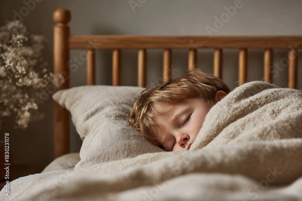 Obraz Baby sleeping in a wooden crib, covered with a natural fabric blanket, rustic style, simplicity and comfort