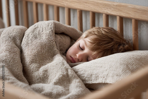 Obraz Baby sleeping in a wooden crib, covered with a natural fabric blanket, rustic style, simplicity and comfort