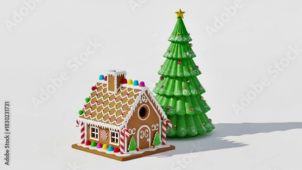 Obraz Christmas Tree and Gingerbread House, Simple White Backdrop