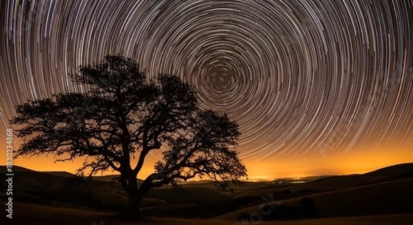 Obraz A mesmerizing star trail swirls above a lone tree in a tranquil landscape