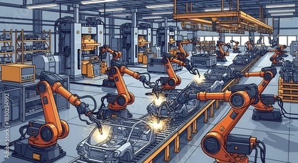 Obraz Automated Car Assembly Line with Robotic Arms Welding Car Frames in Factory