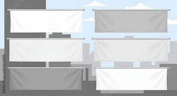 Obraz Blank white and gray canvas banners hanging on buildings in an urban setting