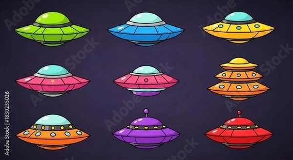 Obraz Cartoon UFO Collection: Colorful Flying Saucers on Dark Purple Space Background
