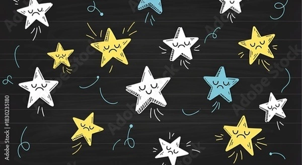 Obraz Cute stars pattern on black background, whimsical design with happy and sad expressions