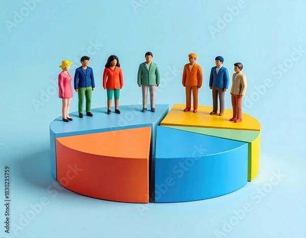 Fototapeta Minifigs stand atop a colorful segmented 3D pie chart