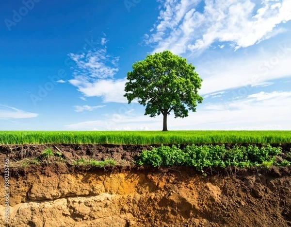 Fototapeta Tree over soil cross-section, green field, blue sky