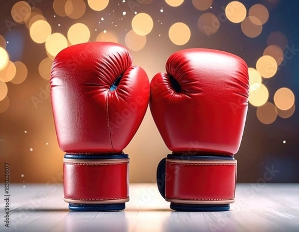 Fototapeta Red boxing gloves touch, bokeh lights back