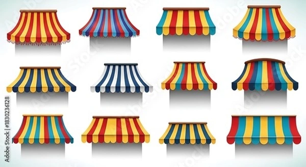 Obraz Variety of Colorful Striped Awning Designs for Shops and Market Stalls collection