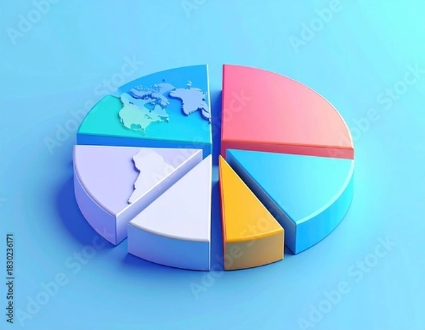 Fototapeta Pie chart showing regions with continents, bright colors