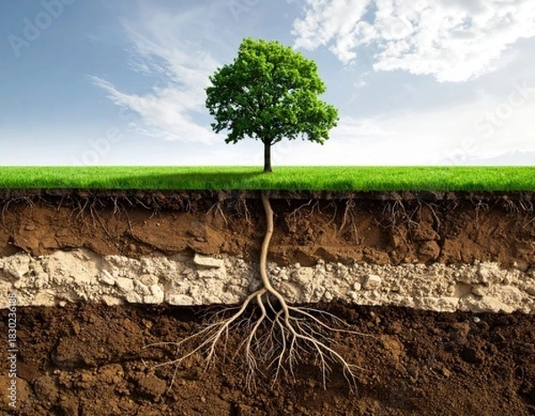 Fototapeta Tree roots, soil layers cross-section, sky & grass above
