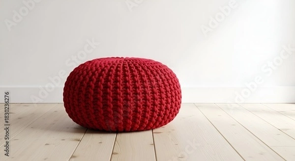 Obraz Vibrant Red Knitted Pouf on Wooden Floor Against a Clean White Wall Background