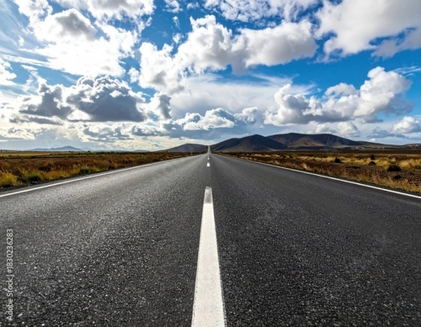 Fototapeta Long road, white line to mountains under a cloudy sky