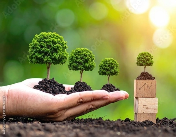 Fototapeta Trees sprout in hand. Blocks rise. Green backdrop