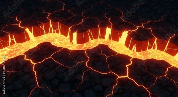 Obraz Volcanic landscape featuring lava flow, cracks, and vibrant orange hues, a fiery geological phenomenon