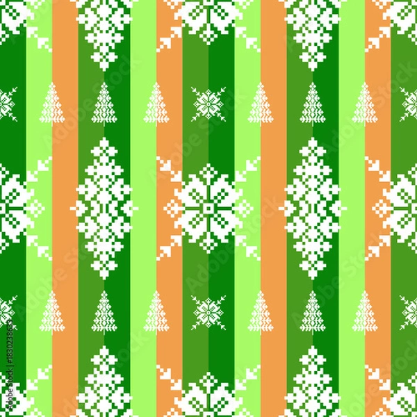 Fototapeta A pixel art style holiday festival pattern blends with white snowflakes and christmas trees on colorful retro vertical stripes background. Christmas and winter seamless pattern.