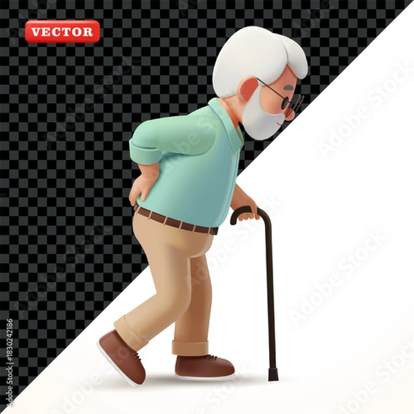 Fototapeta Grandpa with a sore waist walks with a cane, 3D vector. Good for health