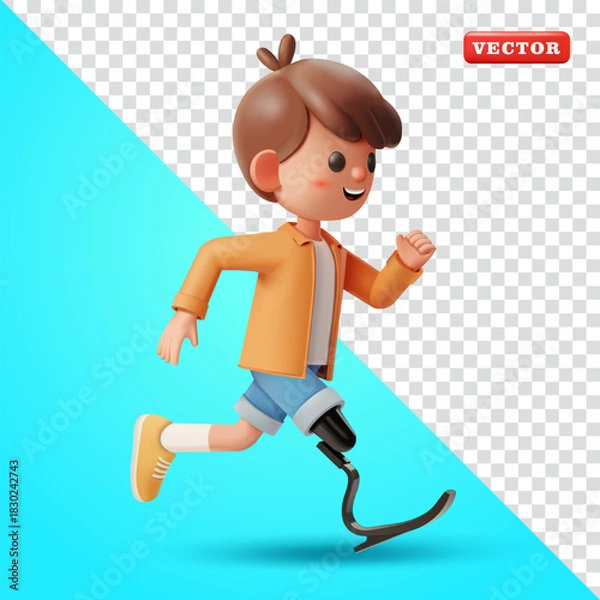 Fototapeta Teenage boy running on one leg using a metal prosthetic leg, 3D vector. Suitable for health.