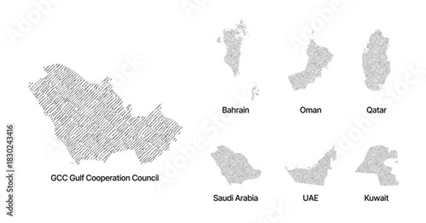 Fototapeta GCC Gulf Cooperation Council Countries map hand drawn sketch on white background vector, freehand hatch vintage style.