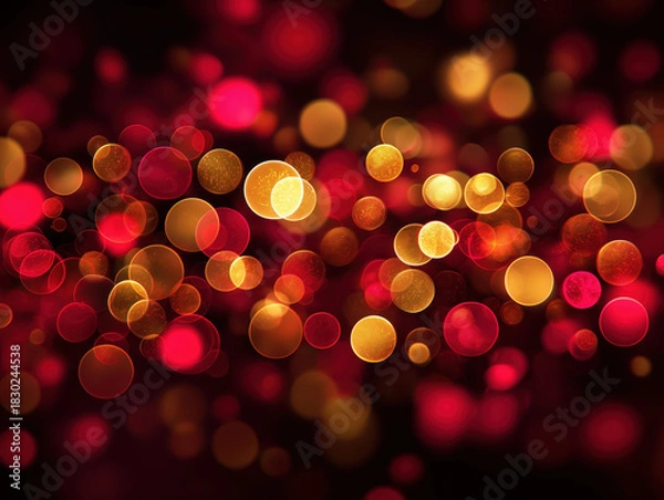 Fototapeta Deep red and gold festive bokeh lights background — elegant warm holiday glow