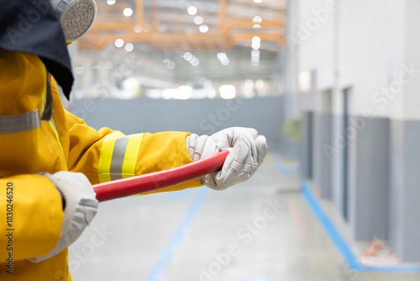 Obraz Firefighter holding hose ready to extinguish fire in factory warehouse