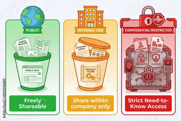 Fototapeta Data Security Levels: data classification levels infographics, depicting varying degrees of accessibility, security, and usage, from public dissemination to confidential restriction.