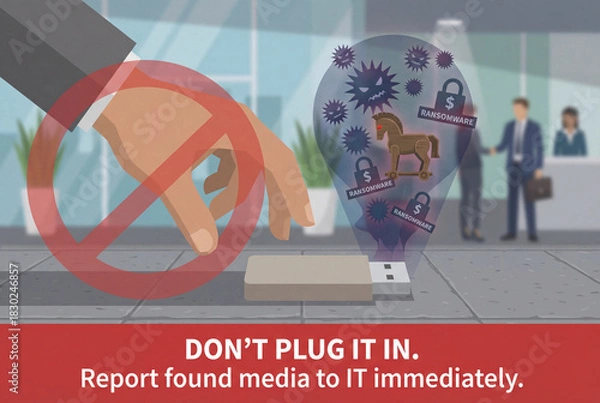 Fototapeta Cyber Threat Warning: a visual alert against digital security threats, depicting a hand reaching towards a USB drive with a clear warning against unauthorized access. Cybersecurity inforgraphics 