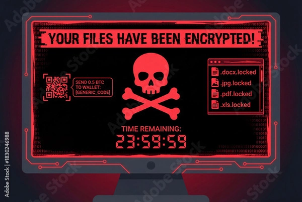 Fototapeta Cybersecurity Threat: A stark display of a computer screen, illuminating the grim reality of a digital attack, a warning about encrypted files and a menacing countdown timer. Cybersecurity infographic
